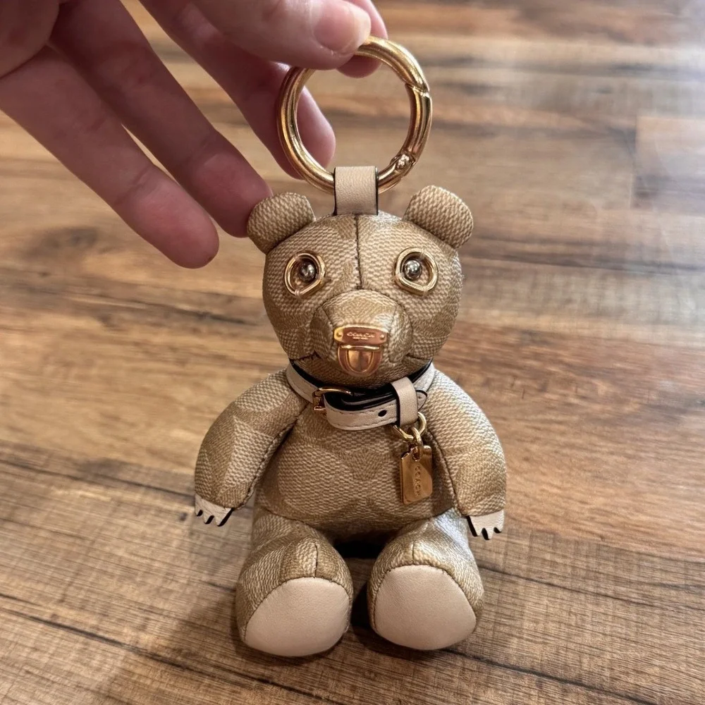 Coach Signature Teddy Bear Bag Charm Khaki Chalk Gold Tone Key Fob 77676